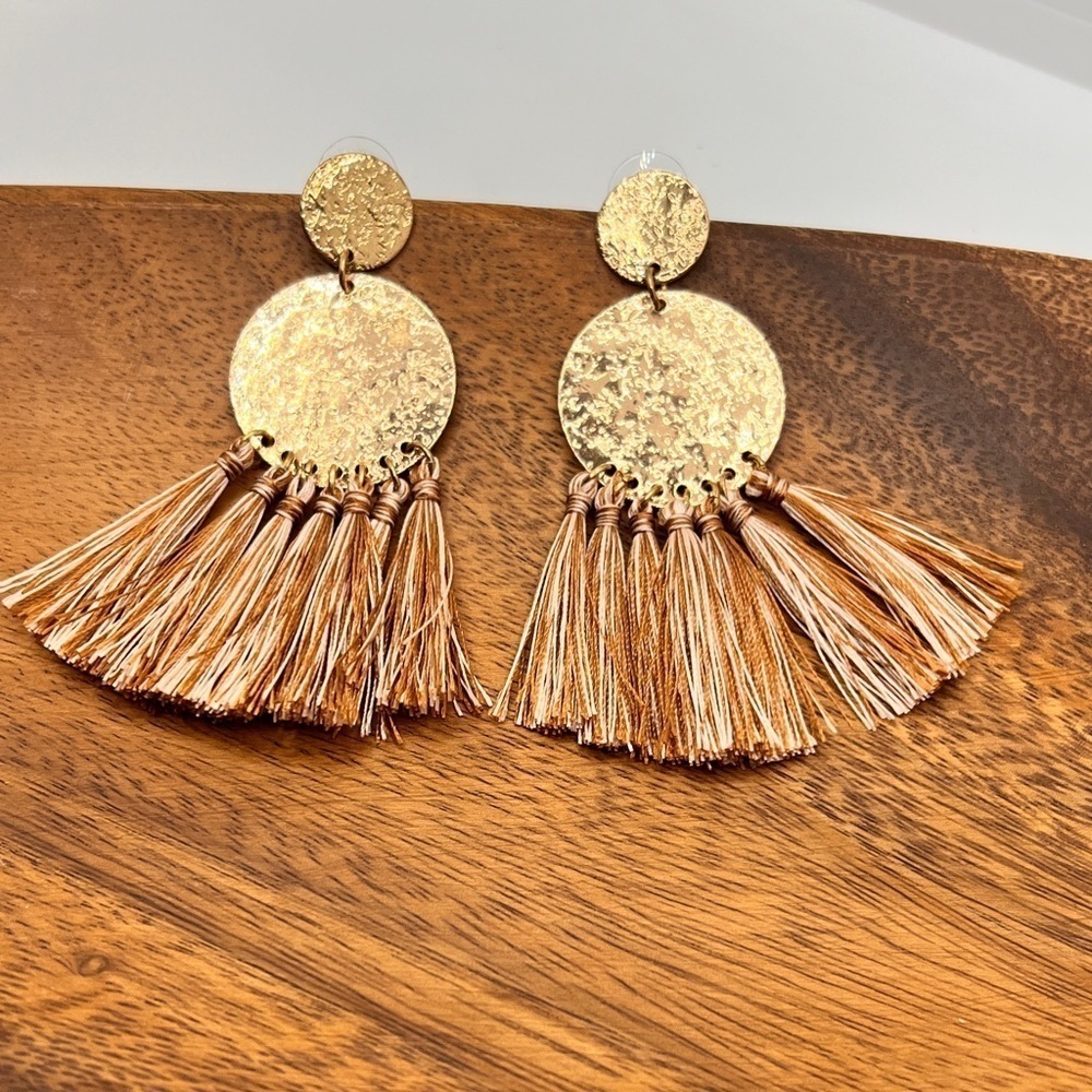 Boho Rose Gold Color Hammered Circle Dangle Earrings Fringe Tassel 3” Drop